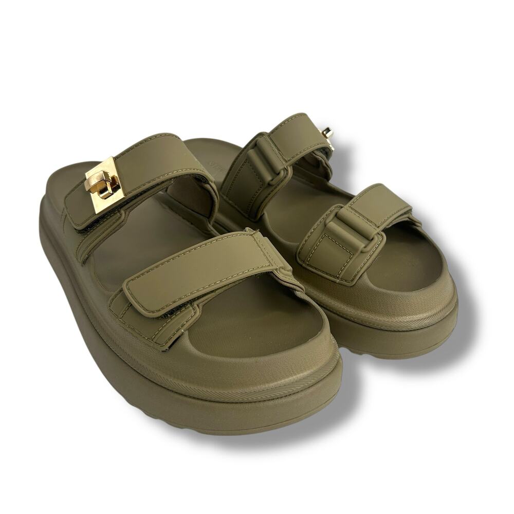 Steve Madden Bigschmona Platform Slide Sandals Size 8 Olive Green Flatform EUC - Picture 11 of 12